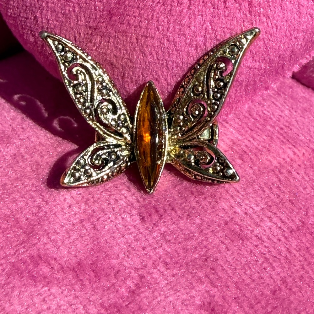 Vintage Butterfly Brooch Ornate Filigree Amber Center stone